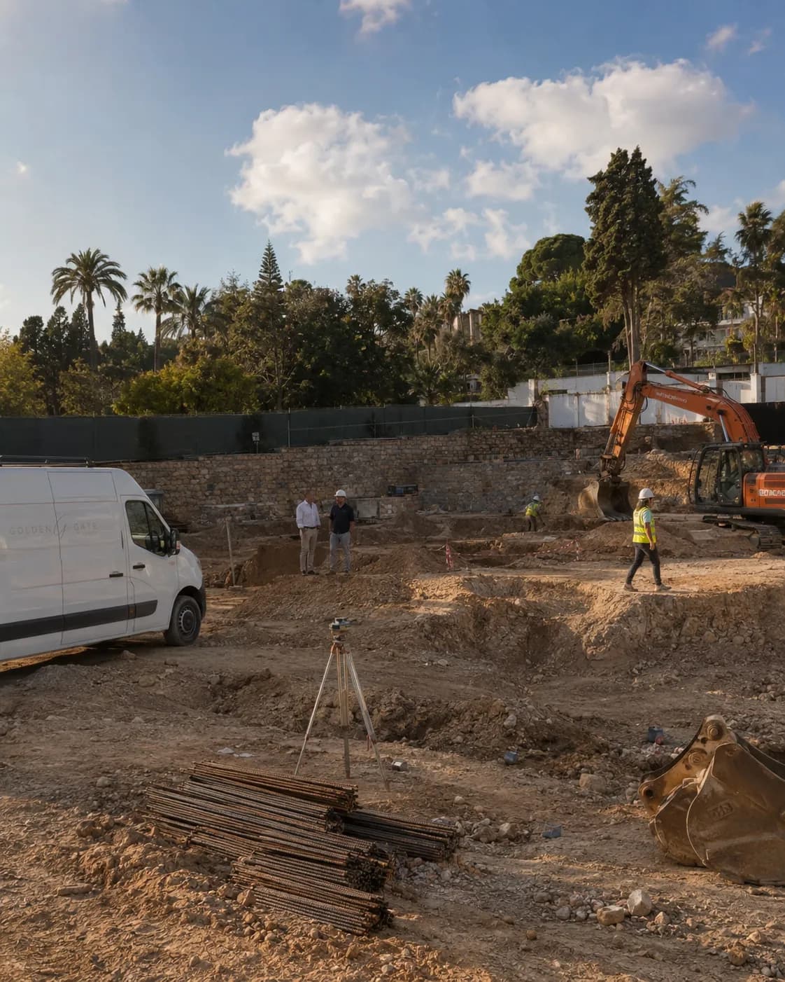 Excavator clearing and levelling a villa plot during groundworks