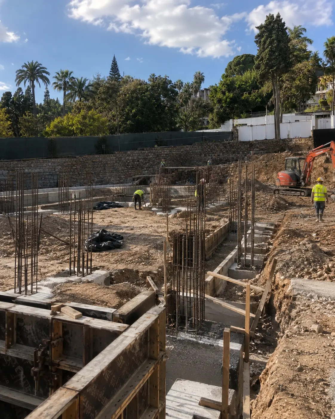 Steel reinforcement and shuttering in place for villa foundations