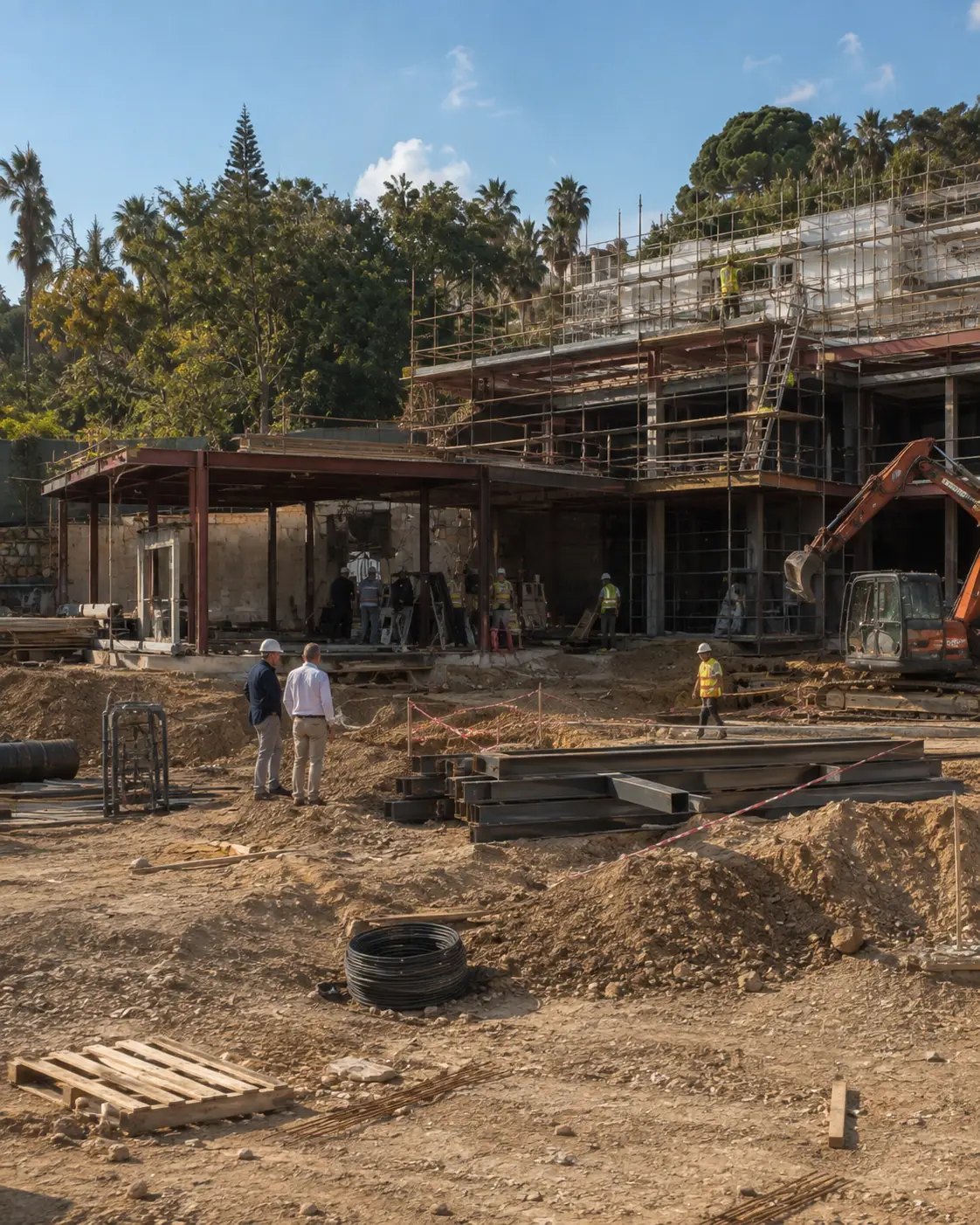 Structural frame of a new-build villa rising above the prepared plot