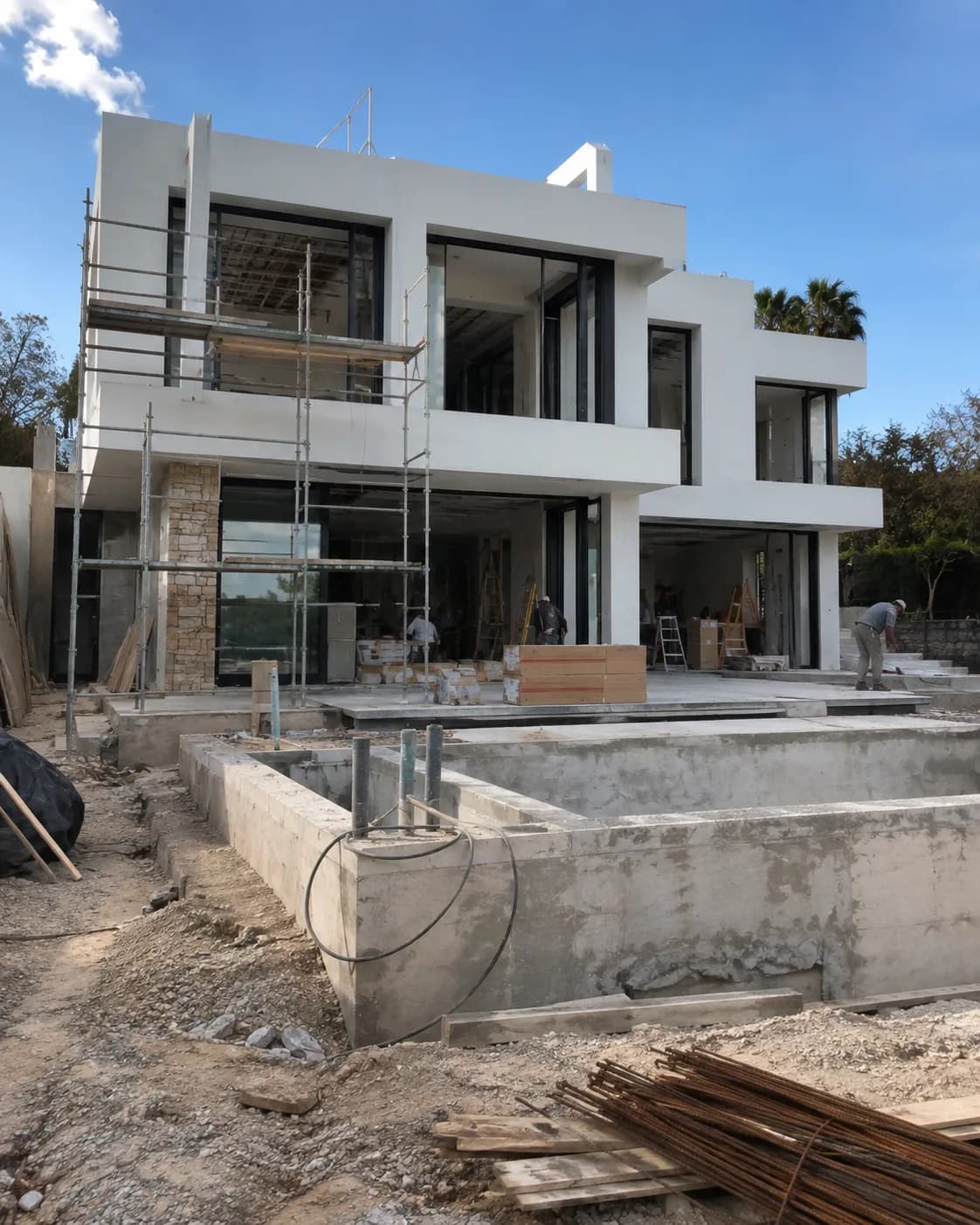 Villa under construction with scaffolding in place and the pool shell being formed