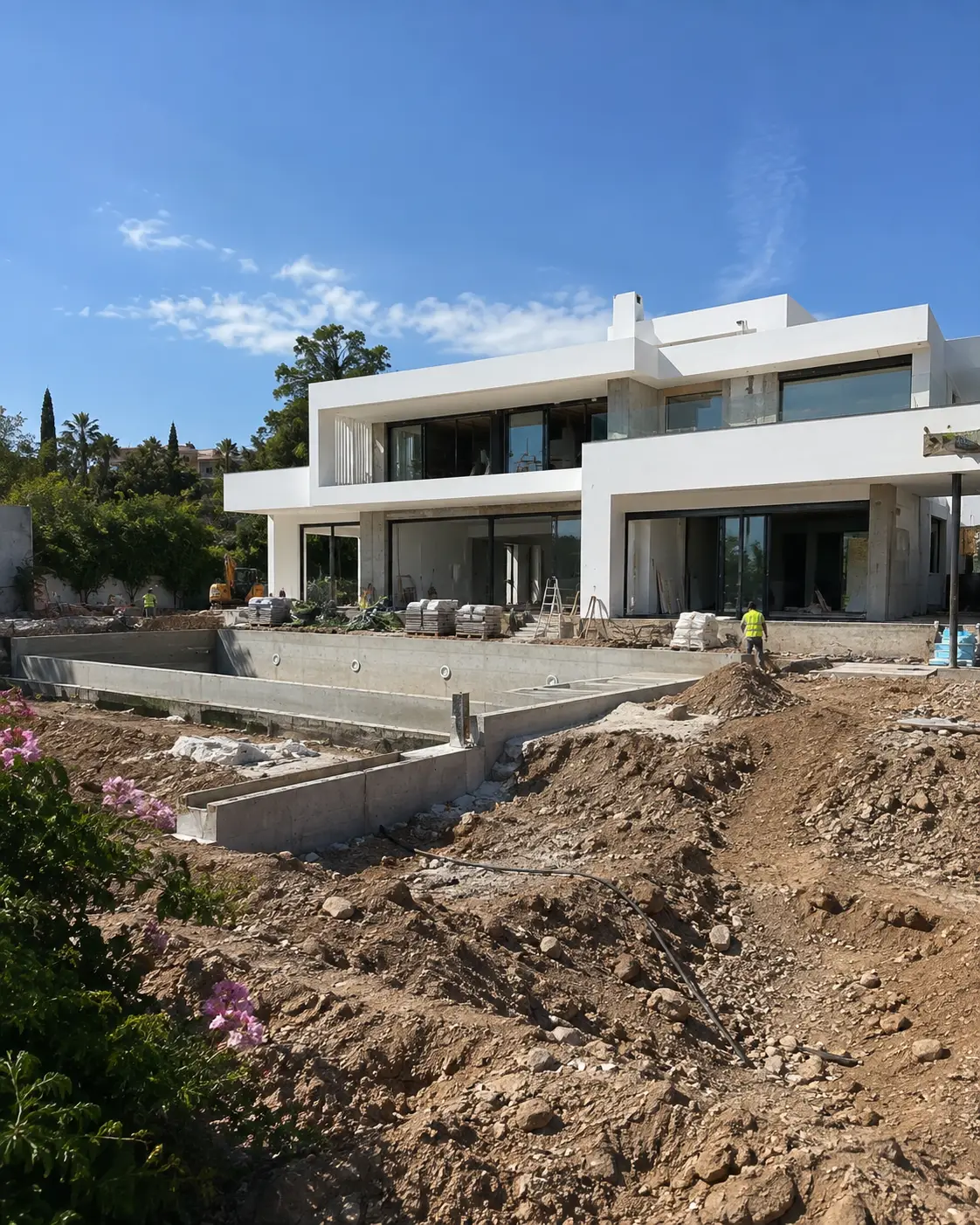Rendered villa nearing completion with landscaping works still under way