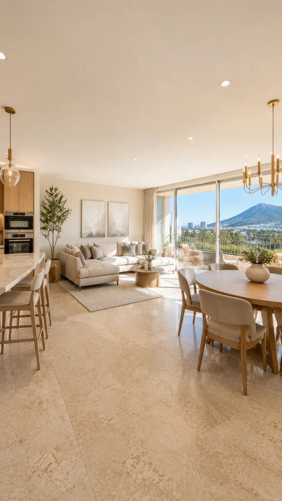 Living and dining area with mountain views — completed