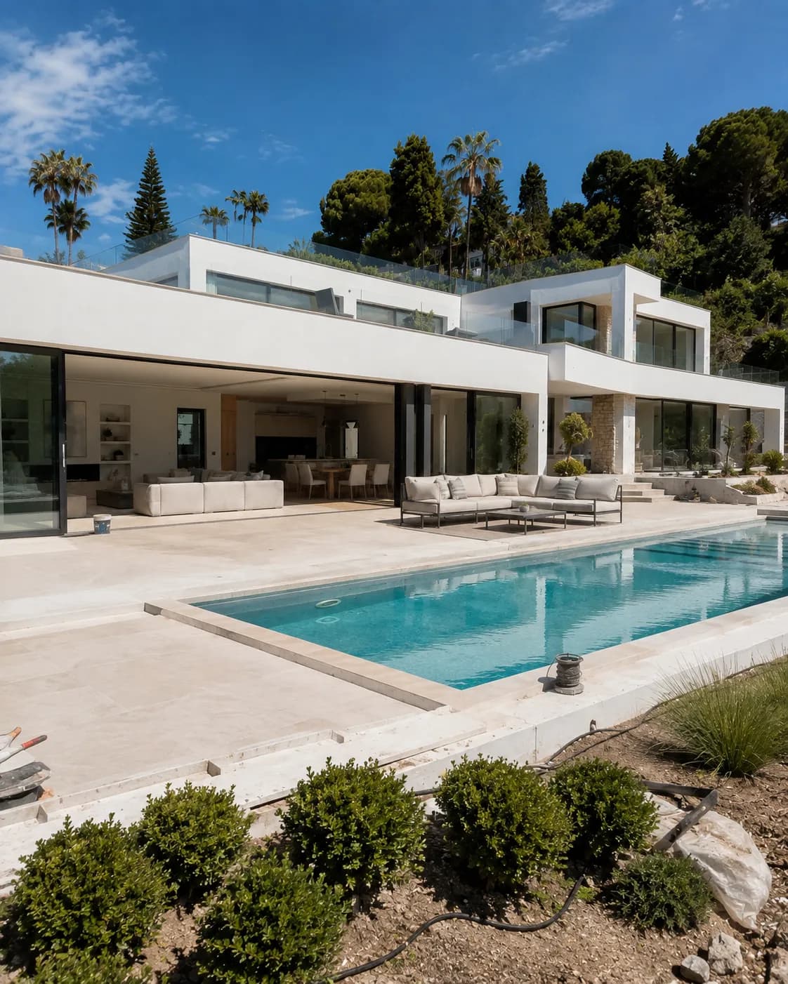 Completed contemporary villa in Estepona with pool, terrace and landscaped garden