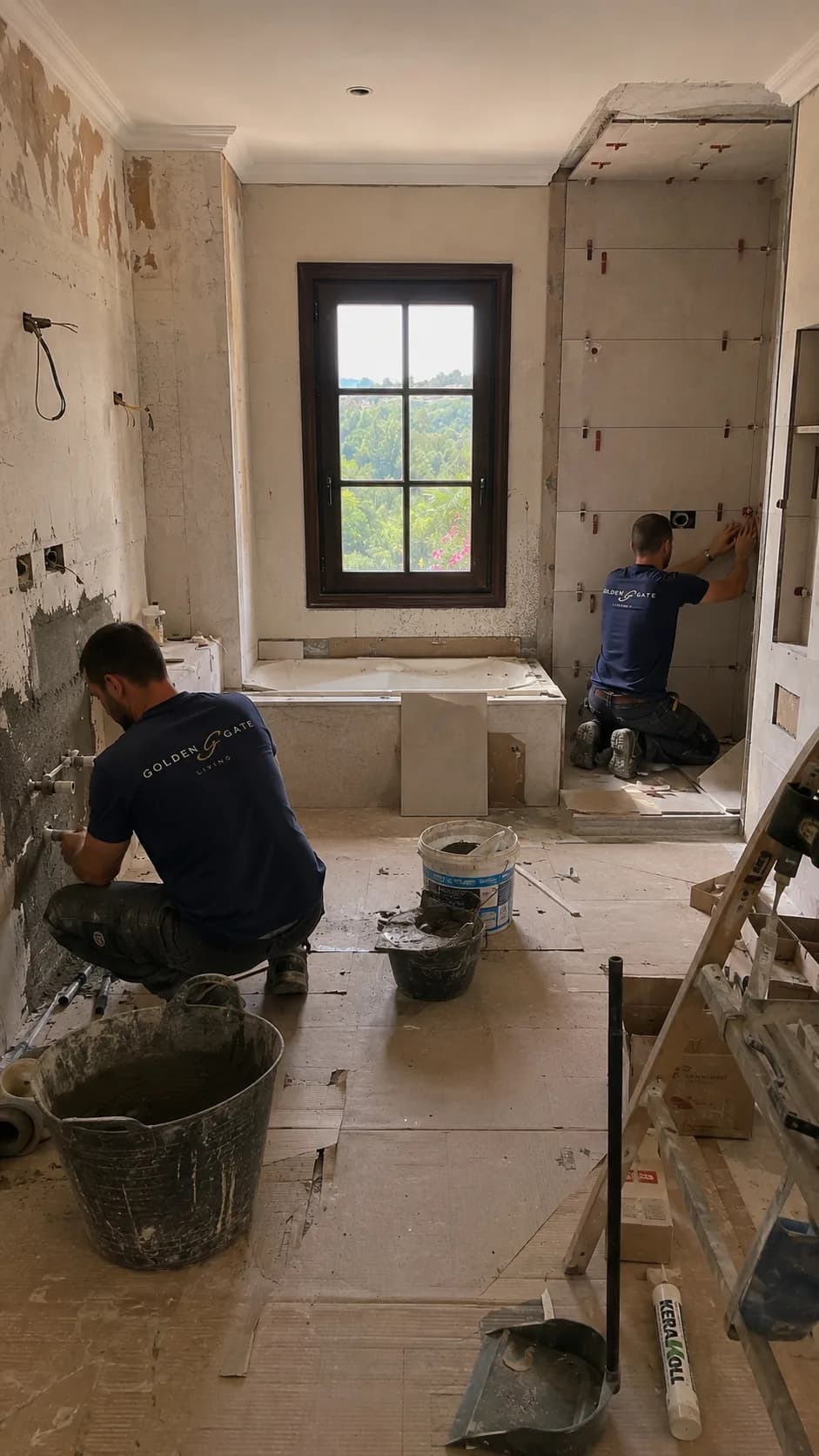 Bathroom tiling and preparation works during renovation