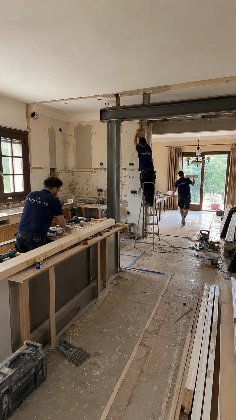 Steel beam installation and kitchen strip-out during an interior renovation