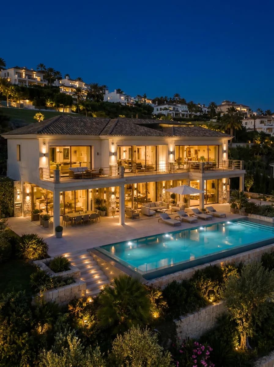 Villa exterior at night with pool