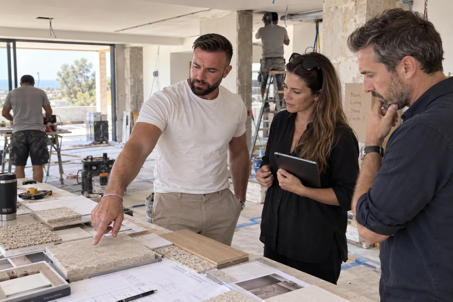 Owners and the site lead reviewing stone and timber samples while interior works continue