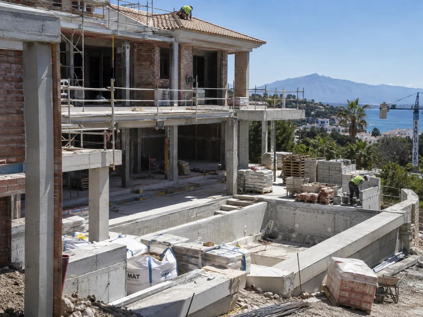 Villa structural shell under construction with scaffolding and a crane