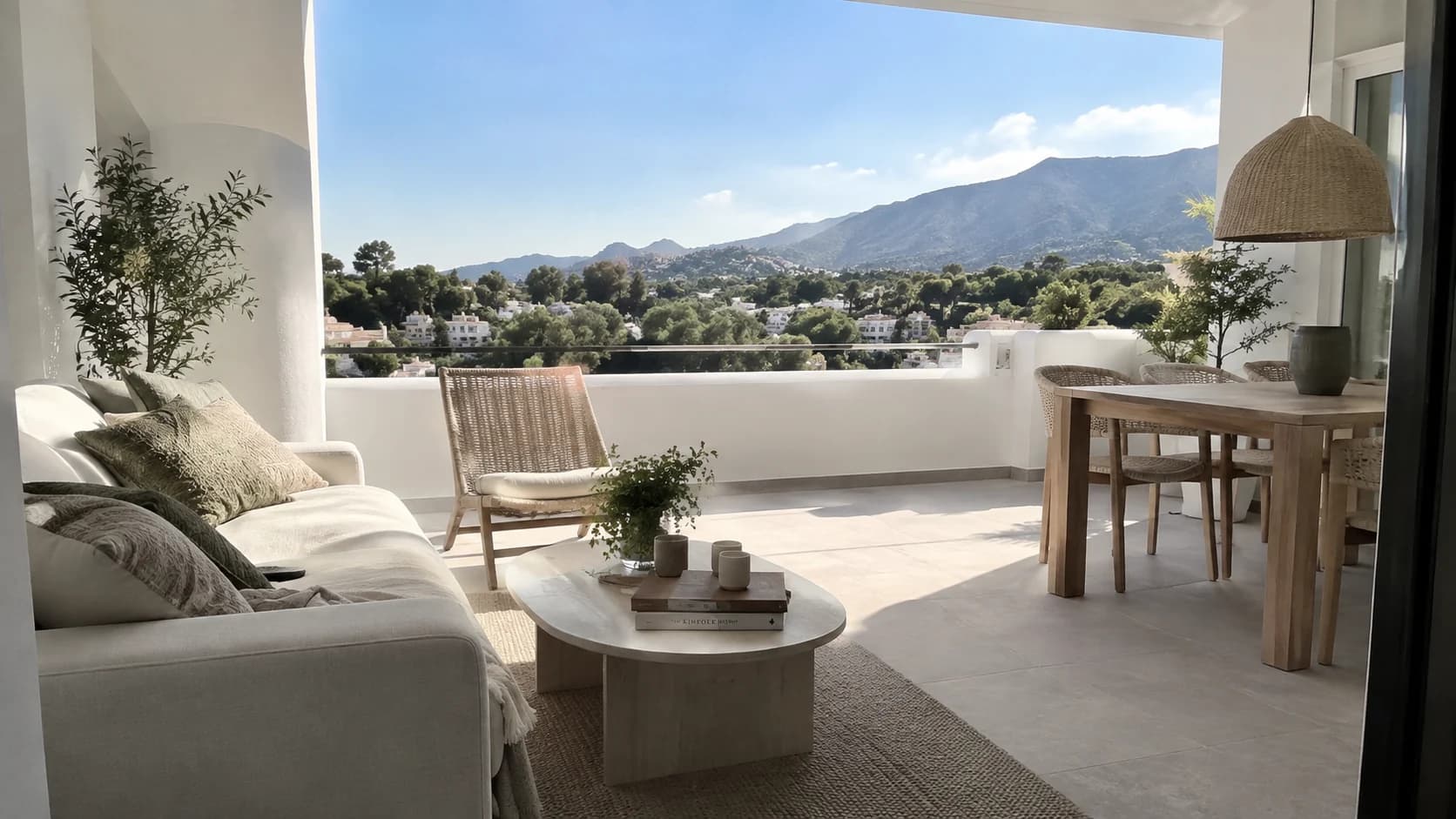 Covered apartment terrace with mountain views
