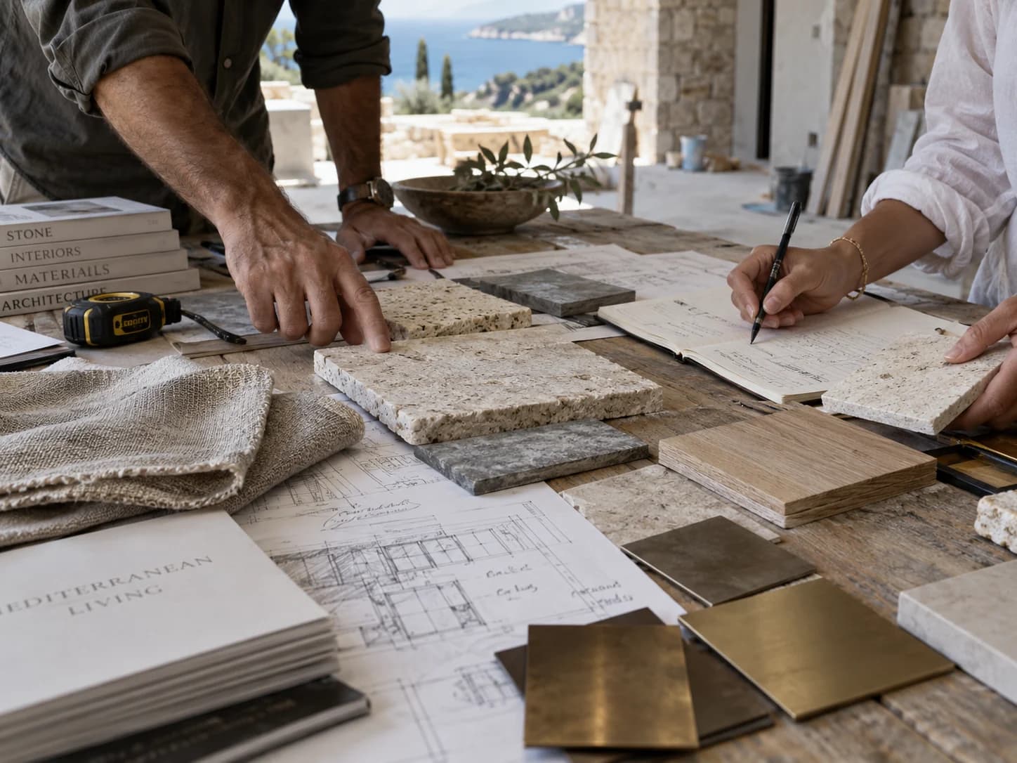 Stone, timber and fabric samples laid out over drawings for selection