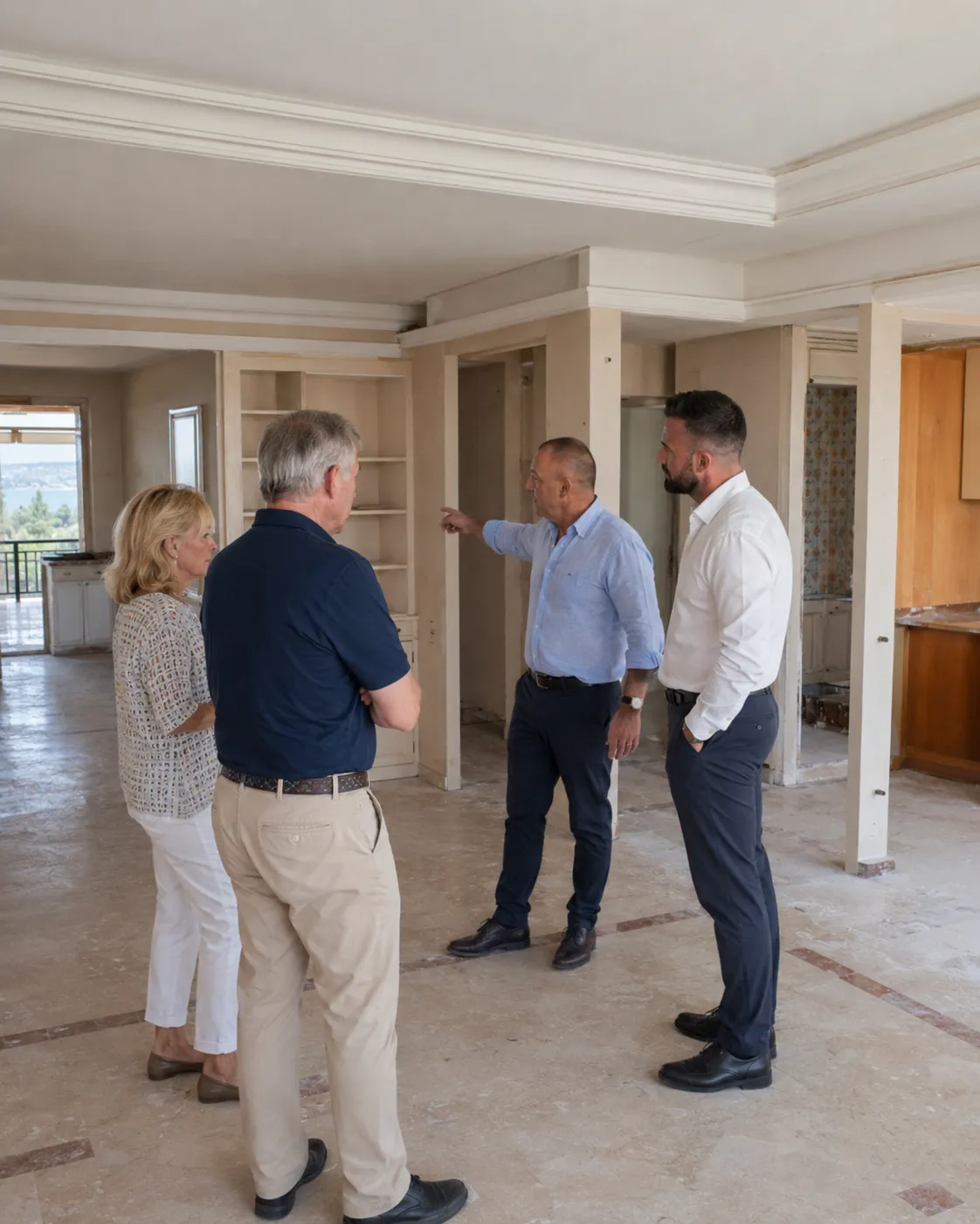 Clients and the renovation team walking through a dated Marbella apartment before works begin