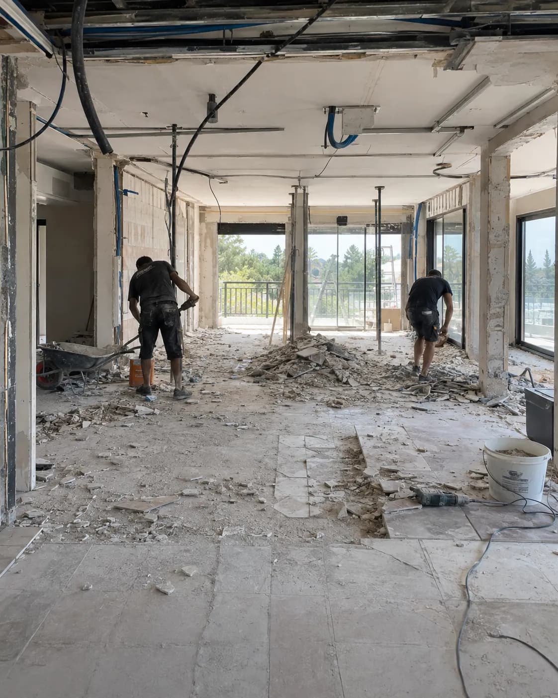 Trades breaking out existing flooring during a penthouse strip-out in Marbella