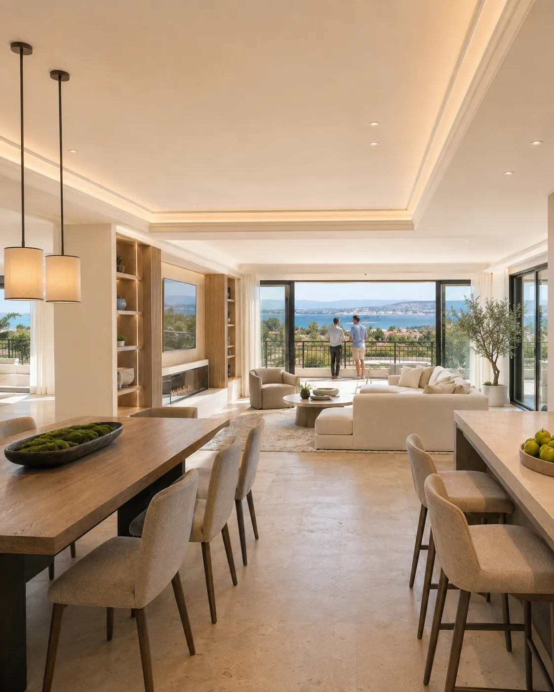 Completed open-plan living and dining space with sea views after renovation