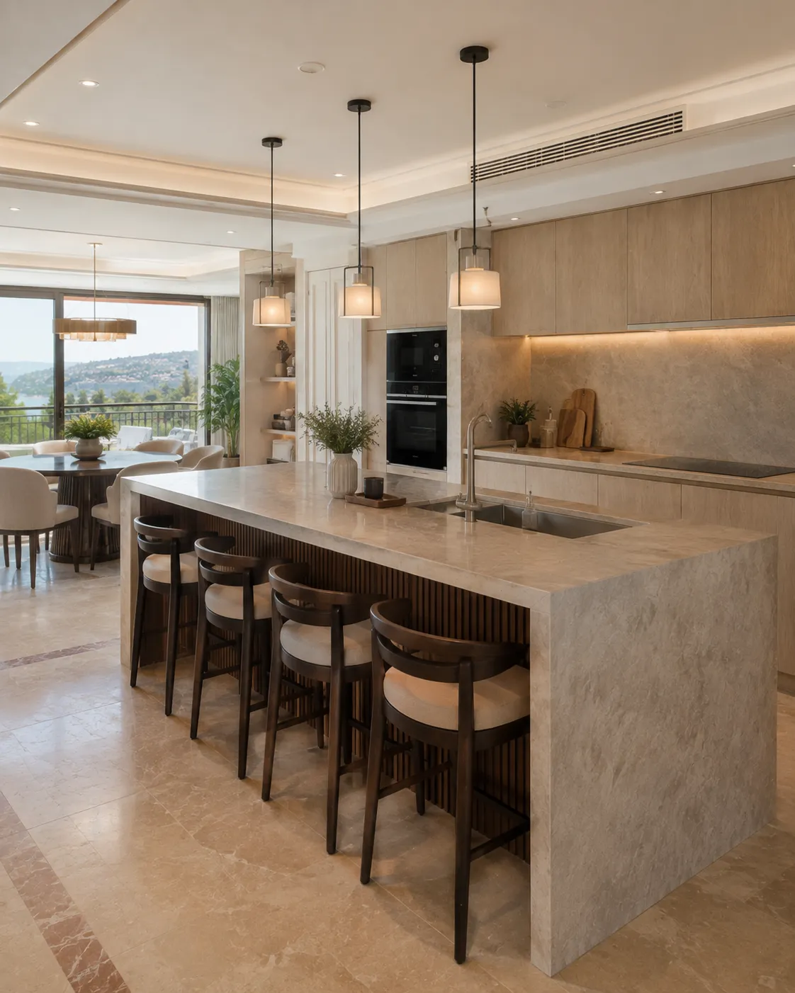 Finished kitchen with island seating and integrated appliances in a Marbella penthouse