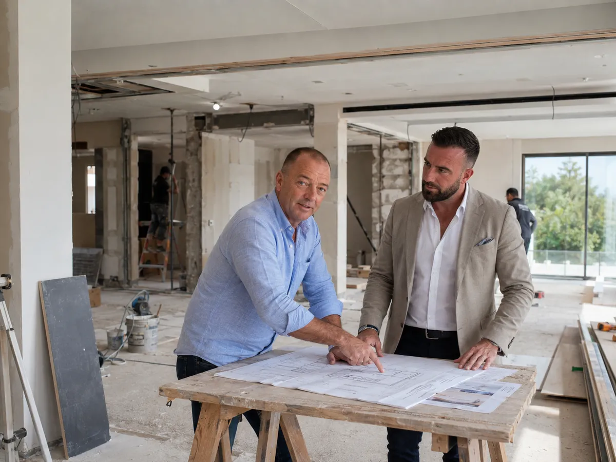Andy Macdonald reviewing renovation drawings on site with a colleague inside a property being stripped back