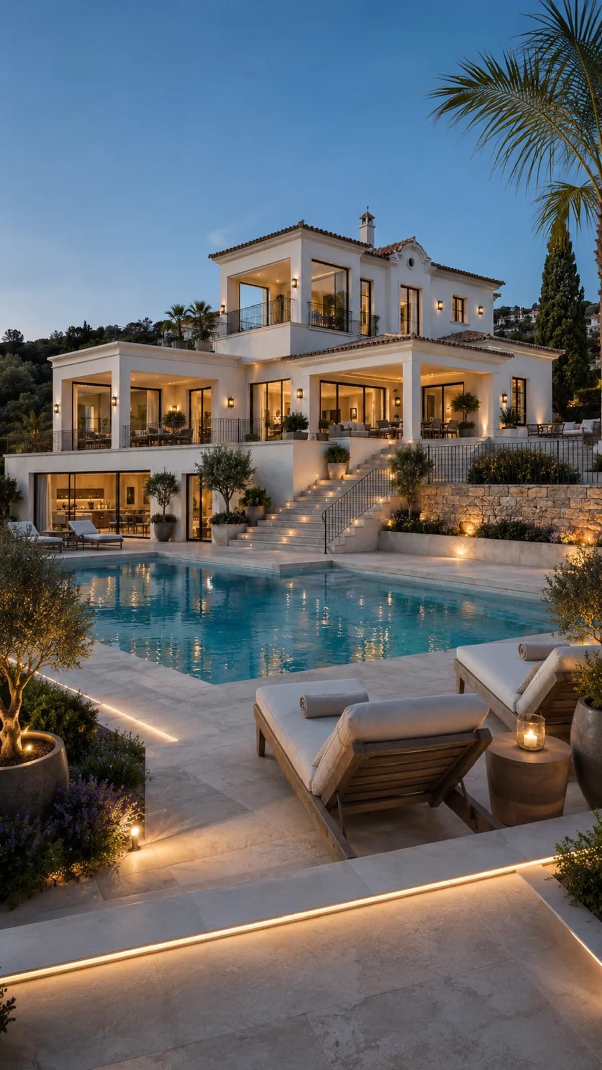 Completed villa exterior in the evening after a luxury renovation