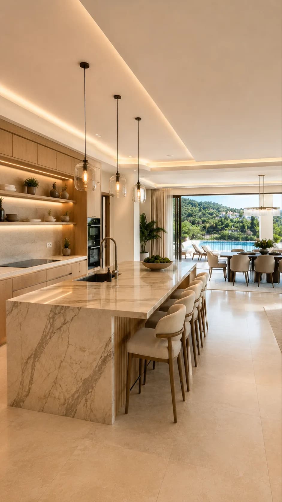 Completed kitchen with island seating after renovation