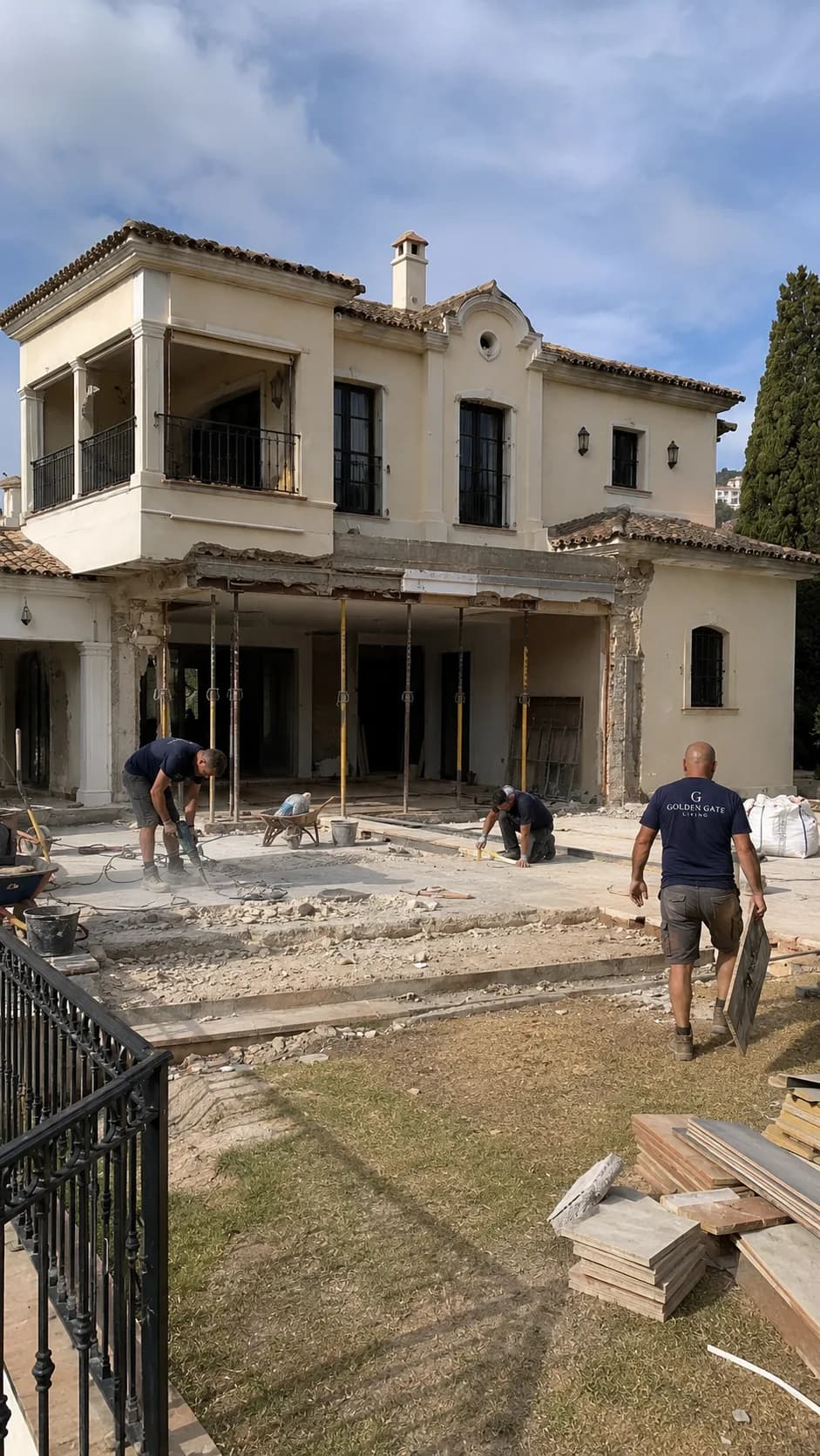 Managed structural works underway on a villa build — during construction