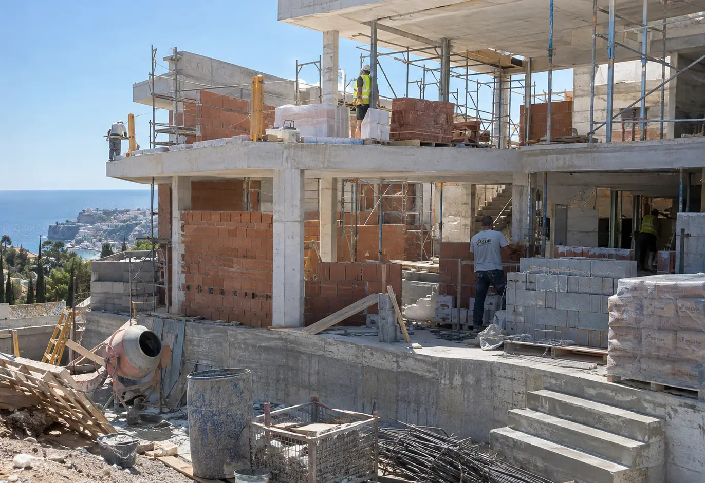 Villa structure mid-build above the sea, with a concrete frame, brick infill and scaffolding