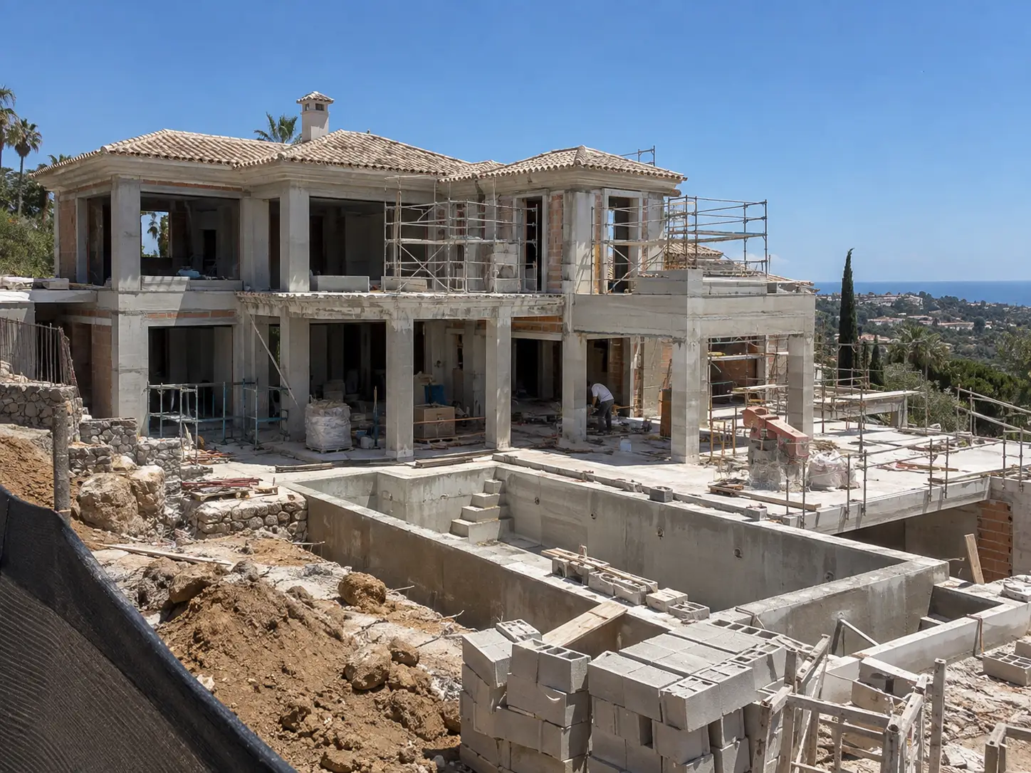 Two-storey villa under construction with scaffolding and the pool shell formed