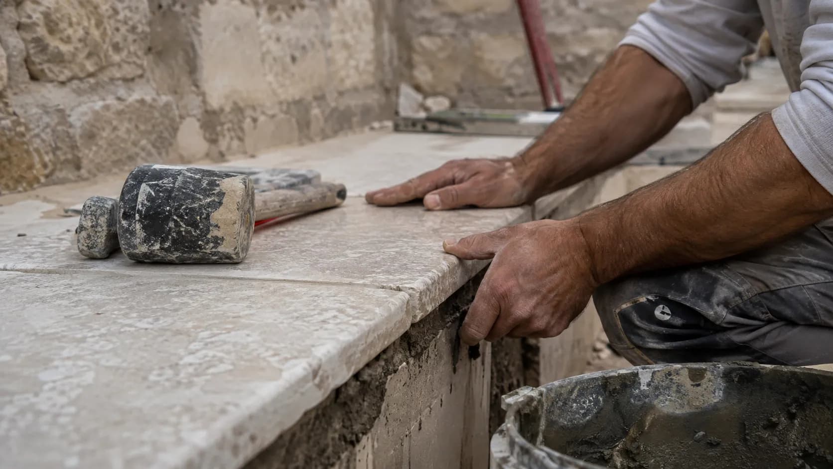 Stonemason bedding a natural stone coping by hand