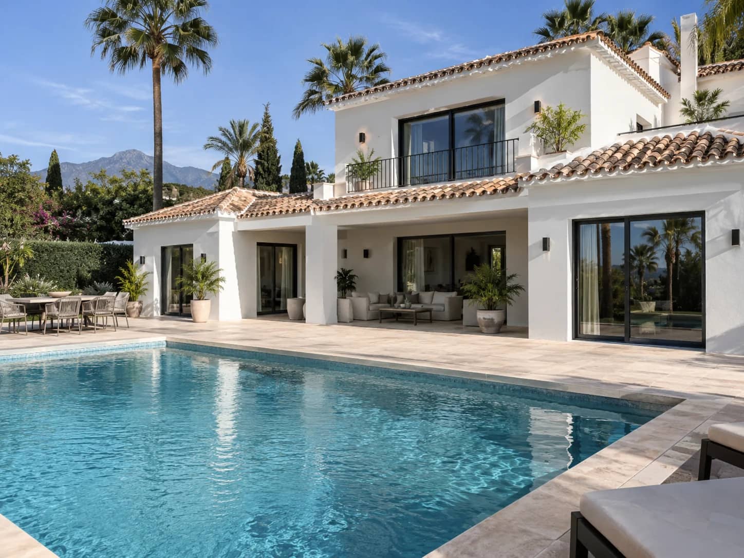 White Andalusian-style villa with a pool and palm trees