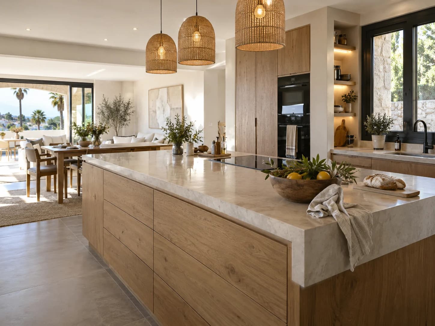 Kitchen with a stone island, oak cabinetry and pendant lights