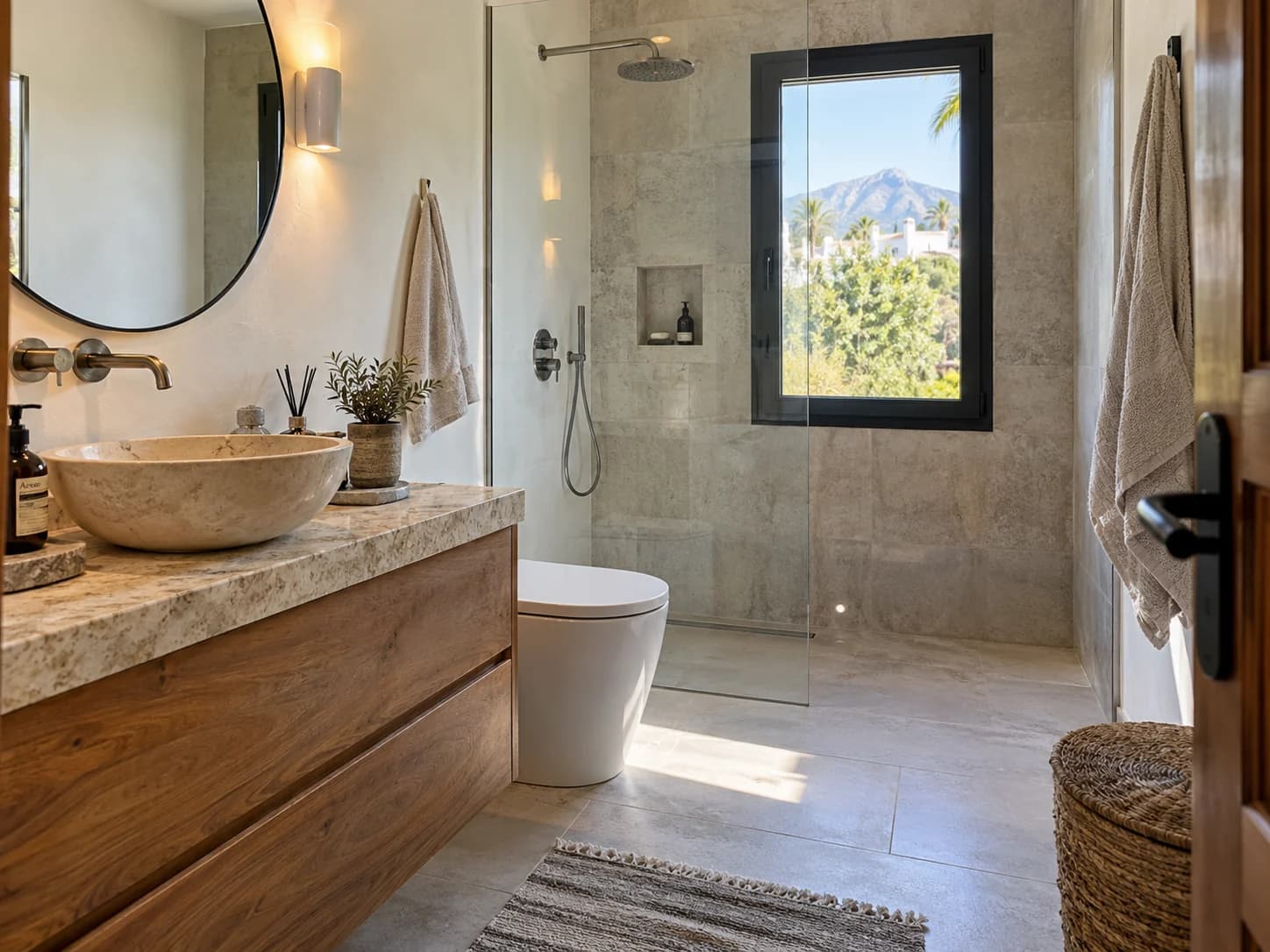 Bathroom with a stone basin, oak vanity and walk-in shower