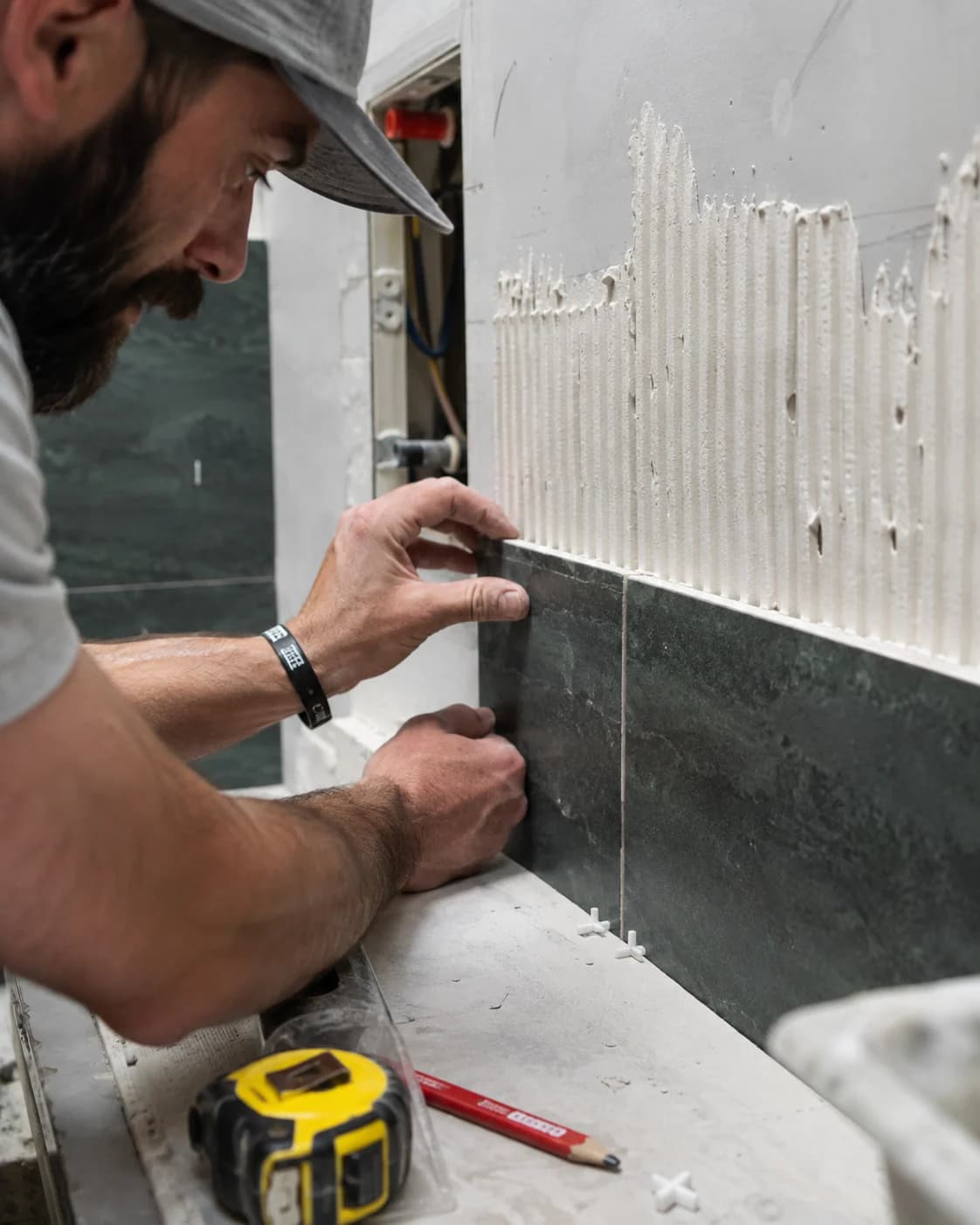 Tiler setting large-format tiles with a levelling system