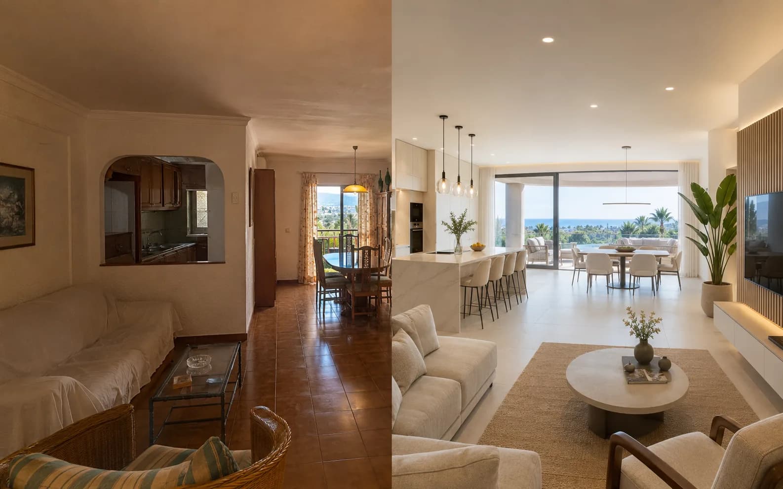 Open-plan living renovation in Marbella, before and after transformation