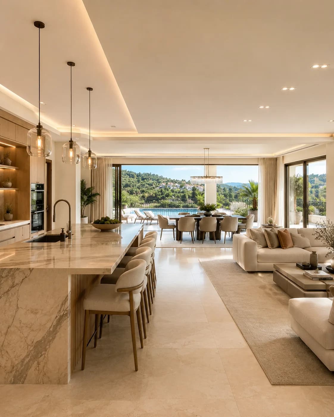 Open-plan kitchen and lounge after villa renovation in Marbella